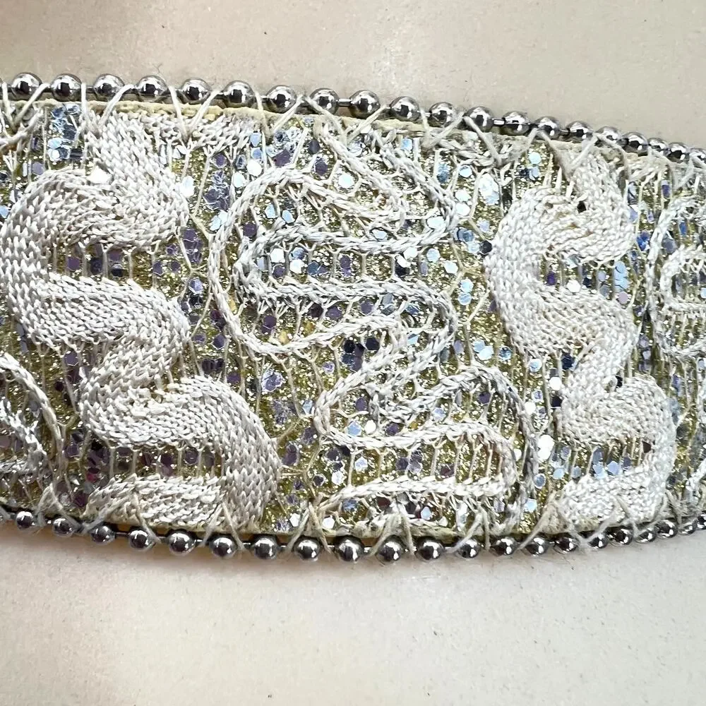 Taupe, Cream & Gold Sparkly Brocade Fabric Belt Silver Buckle M Fairy Beachy